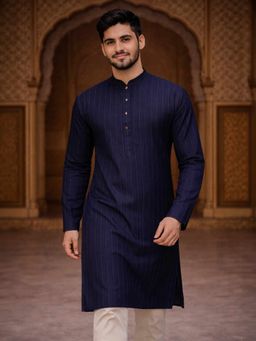 Vastramay - Navy Blue Cotton Blend Mandarin Neck Kurta
