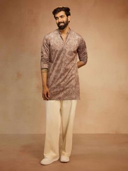 Vastramay - Beige Velvet Mandarin Neck Mid Waist Kurta With Pant