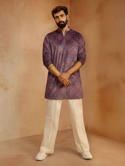 Vastramay - Purple Velvet Mandarin Neck Mid Waist Kurta With Pant