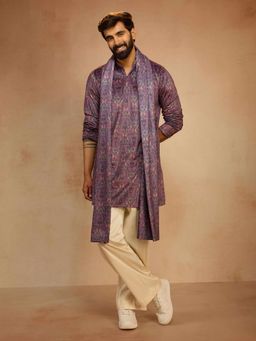 Vastramay - Purple Velvet Mandarin Neck Mid Waist Kurta With Pant & Dupatta