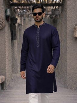 Vastramay - Navy Blue Cotton Blend Mandarin Neck Kurta
