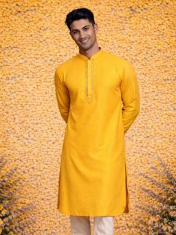 Vastramay - Yellow Cotton Blend Mandarin Neck Kurta