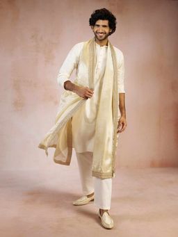 Vastramay - Cream Silk Blend Mandarin Neck Mid Waist Kurta With Pyjama & Dupatta