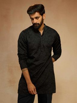 Vastramay - Black Silk Blend Mandarin Neck Kurta