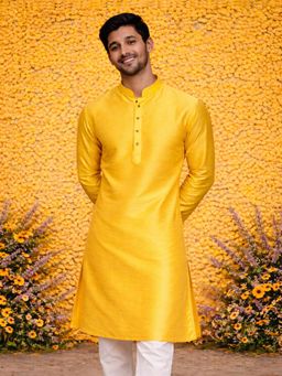 Vastramay - Yellow Silk Blend Mandarin Neck Kurta