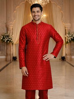 Vastramay - Maroon Silk Blend Mandarin Neck Kurta
