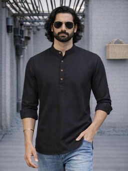 Vastramay - Black Cotton Blend Mandarin Neck Kurta