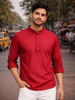 Vastramay - Maroon Cotton Blend Mandarin Neck Kurta