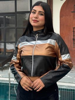 Tandul - Women Stunning Black and Gold Leather Jacket
