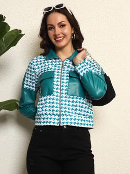 Tandul - Women Teal Houndstooth Fleece Jacket