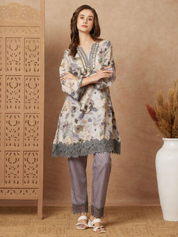 FASHOR - Women Grey Cotton Floral and Embroidered Kurta with Pant (Set of 2)