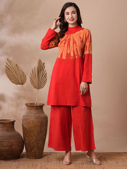FASHOR - Women Red Cotton Tie & Dye Printed Kurta with Palazzo (Set of 2)
