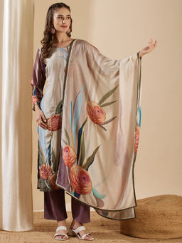 FASHOR - Women Multi-Color Muslin Silk Floral Printed Kurta with Pant & Dupatta (Set of 3)
