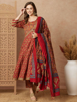 FASHOR - Maroon Cotton Printed and Embellished Anarkali Kurta with Pant & Dupatta (Set of 3)