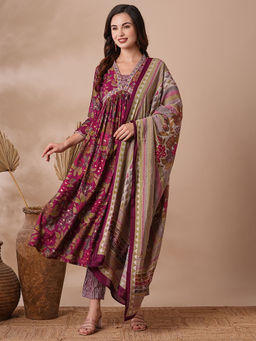 FASHOR - Magenta Floral and Embellished Anarkali Kurta with Pant & Dupatta (Set of 3)