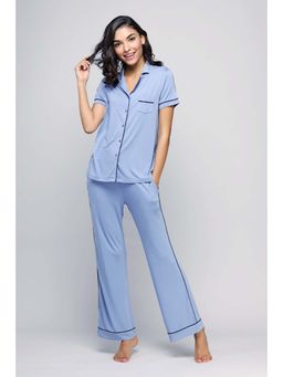 NeceSera - Women Blue Modal Notched Lapel Shirt with Pyjama (Set of 2)