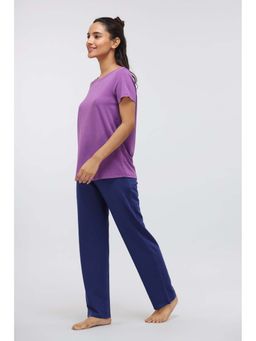 NeceSera - Women Purple Cotton Blend Round Neck Top with Pyjama (Set of 2)