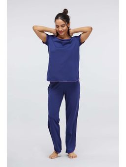 NeceSera - Women Blue Cotton Blend Round Neck Top with Pyjama (Set of 2)