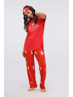 NeceSera - Women Red Modal Round Neck Top with Pyjama (Set of 2)