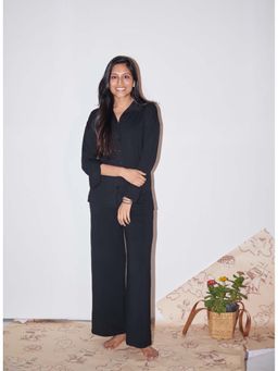 NeceSera - Women Black Modal Collar Neck Shirt with Pyjama (Set of 2)
