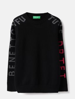 United Colors of Benetton - Navy Blue Round Neck Printed Future Drift Placement Sweater