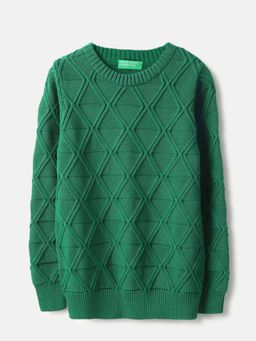United Colors of Benetton - Green Round Neck Textured Tonal Diamond Structure Sweater