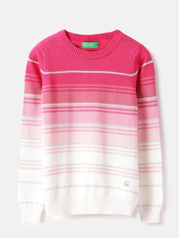 United Colors of Benetton - Pink Round Neck Striped Lurex Yarn Dyed Sweater
