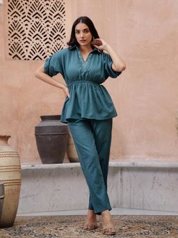 Gahan - Cotton Embroidered with Elastic Waist & Ruched Sleeves Teal Co-Ord (Set of 2)