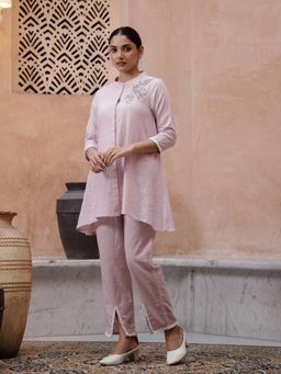 Gahan - Cotton Embroidered and Lace Embellished Pink A-Line Co-Ord (Set of 2)