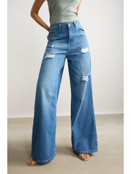 FREAKINS - High Waisted Ultra Wide Mid Blue Jeans