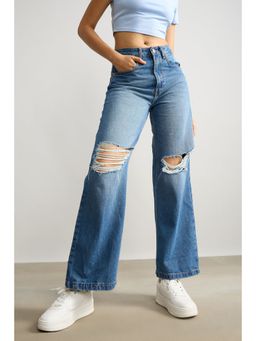 FREAKINS - Blue Wide Leg Ripped Jeans