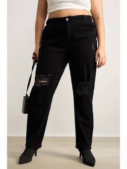 FREAKINS - Curve Black Elasticated Distress Mom Jeans