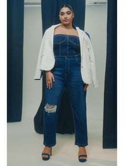 FREAKINS - Curve Indigo Elasticated Distress Mom Jeans