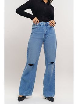 FREAKINS - Blue Faded Distressed Wide Jeans