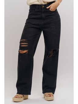 FREAKINS - Black Straight Distress Jeans