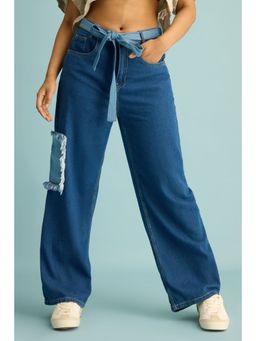FREAKINS - Tattered Patch Straight Cut Jeans with Belt (Set of 2)