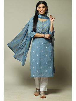 Biba - Blue Cotton Unstitched Suit (Set of 3)
