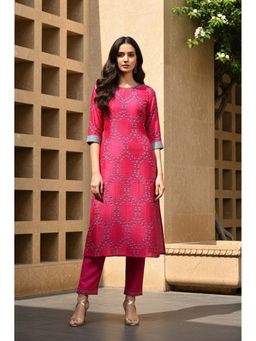 W - Pink Floral Printed Straight Shantung Kurta