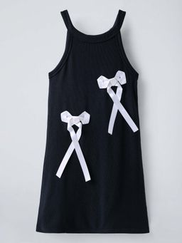 Hopscotch - Navy Blue Bow Ribbed Strappy Dress