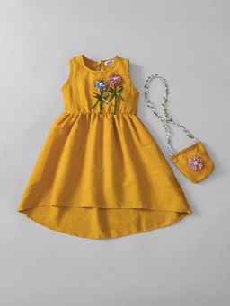 Hopscotch - Floral Applique Dress With Sling Bag