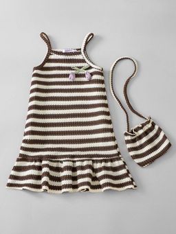 Hopscotch - Floral Applique Striped Dress With Sling Bag