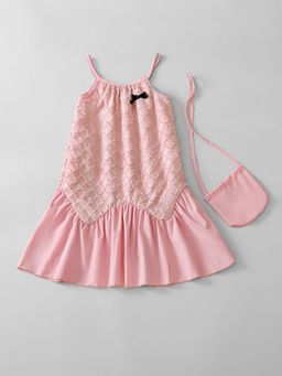 Hopscotch - Pink Bow Applique Textured Dress With Sling Bag