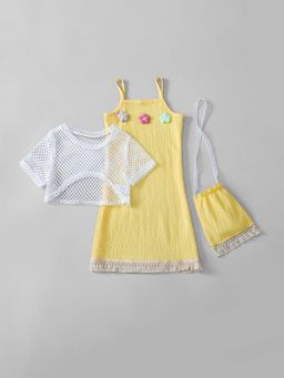 Hopscotch - Floral Applique Fringes Dress with Top and Sling Bag