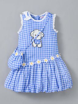 Hopscotch - Puppy Applique Checkered Dress With Sling Bag