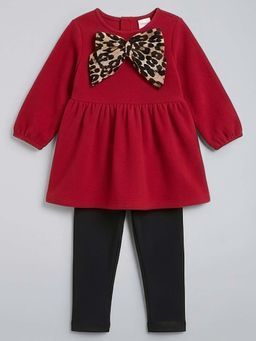 Hopscotch - Leopard Bow Applique Dress with Leggings