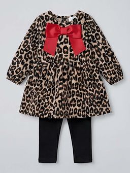 Hopscotch - Bow Applique Leopard Dress with Leggings
