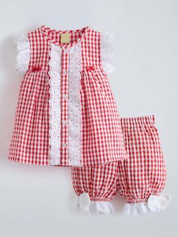 Hopscotch - Schiffli Lace Bow Applique Dress With Bloomer