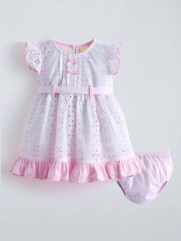 Hopscotch - Schiffli Ruffled Bow Applique Dress With Bloomer