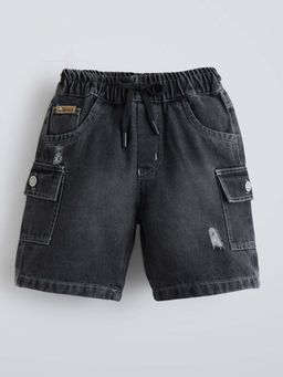 Hopscotch - Black Cotton Distressed Denim Shorts