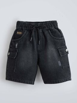 Hopscotch - Black Cotton Distressed Denim Shorts